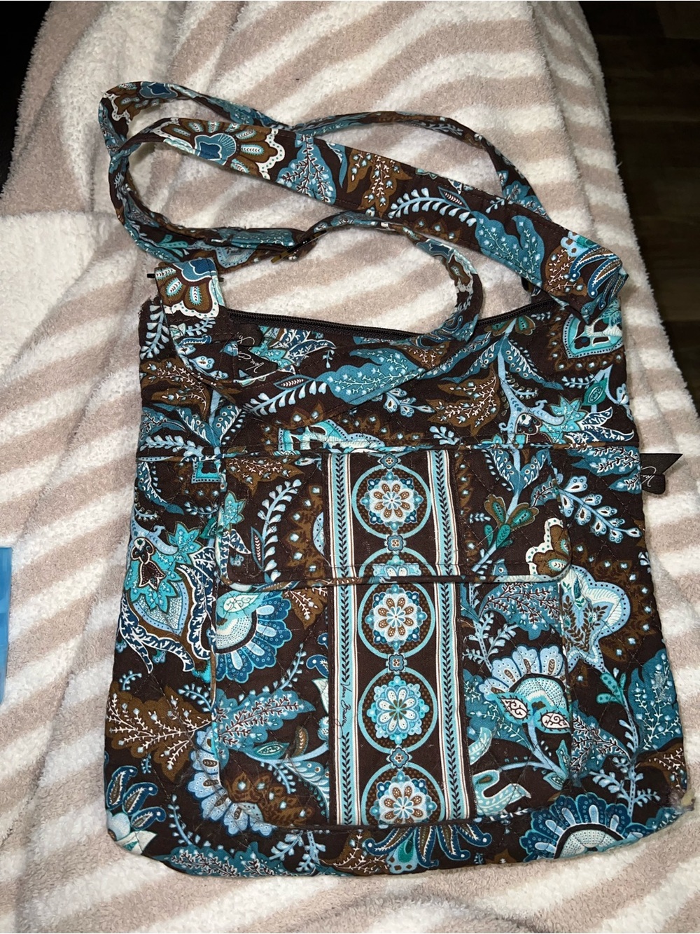 Vera Bradley Crossbody Bag Brown Blue Floral Adjustable Strap Tortoise Shell